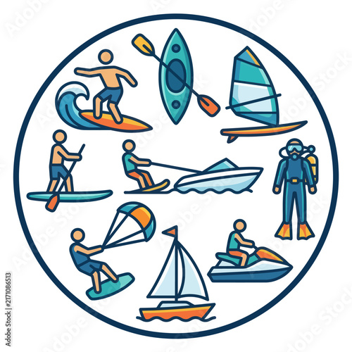Water Sports and Activities Icons Collage - Summer Fun and Adventure
