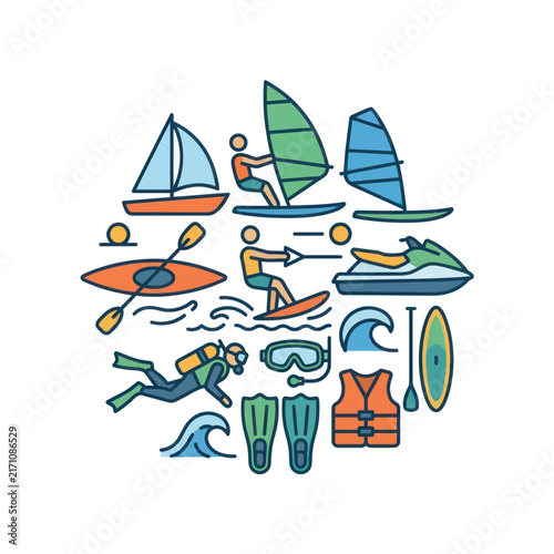 Water Sports and Activities Vector Icons - Summer Fun and Adventure