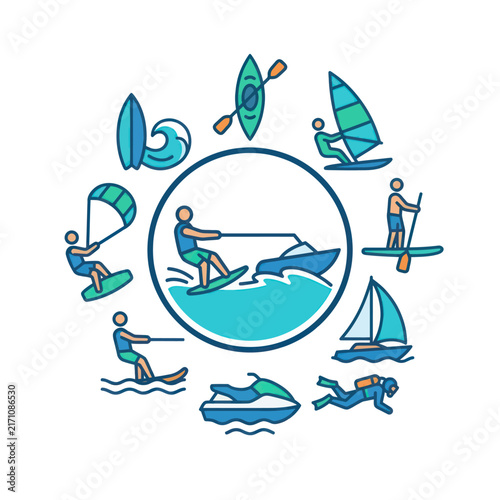 Water Sports Circle Icon Set - Extreme Activities and Recreation