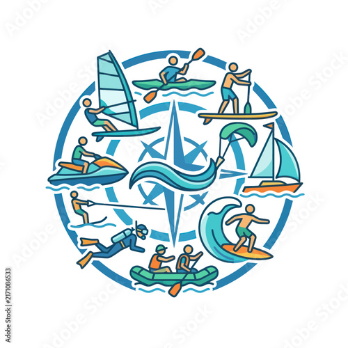 Water Sports Collage: Kayak, Surf, Sailboat, Jet Ski, Windsurf, Dive, Raft, Kiteboard