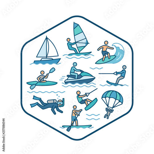 Water Sports Collage: Kayaking, Scuba Diving, Surfing, Windsurfing, Jet Skiing, Wakeboarding, Sailing, Paddleboarding, Parasailing