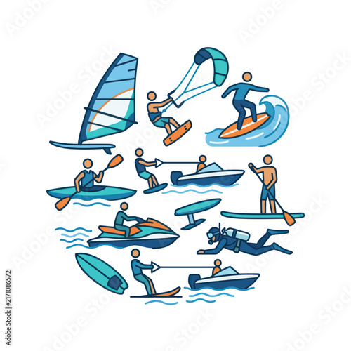 Water Sports Collage: Surfing, Kayaking, Jet Ski, Scuba Diving, Windsurfing & More