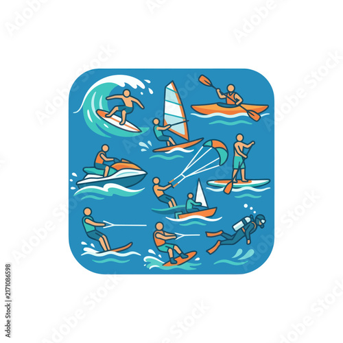 Water Sports Collage: Surfing, Kayaking, Jet Ski, Windsurfing, Kiteboarding, Scuba