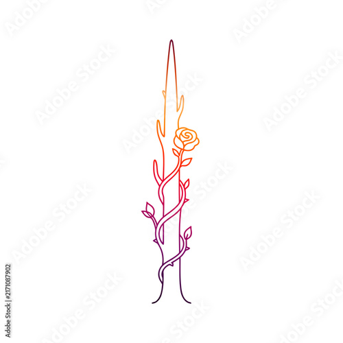 Foto Gradient Continuous Line Art Wooden Trunk Entwined with Thorny Rose Vine and Blo
