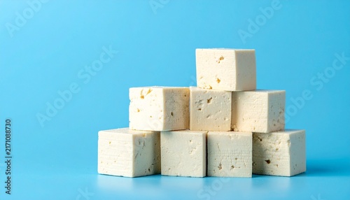Tofu Cubes Stacked on Blue Background - Vegan Soy Protein