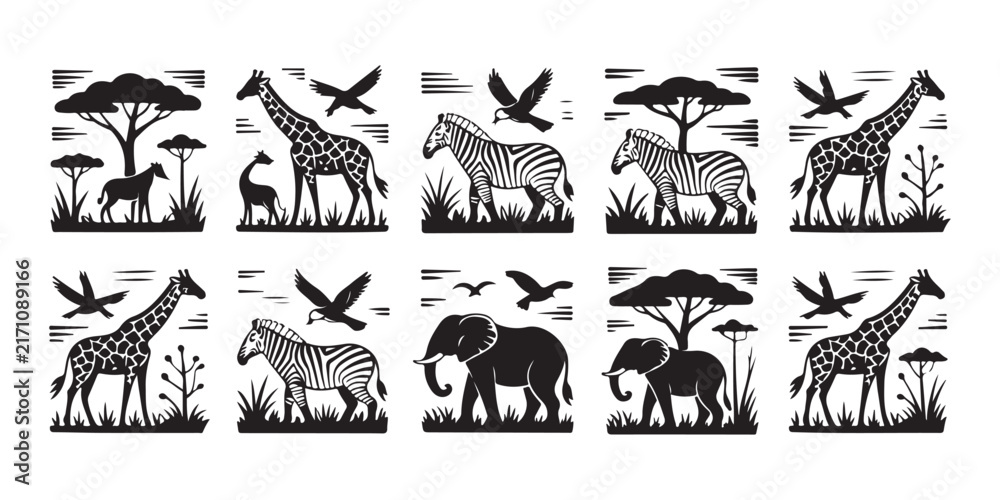 Fototapeta premium Savanna wildlife silhouette stamps with giraffe zebra elephant and flying birds for nature themed labels.