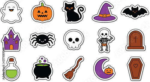 Set of cute hand drawn halloween stickers featuring ghosts pumpkins black cats and various spooky holiday elements