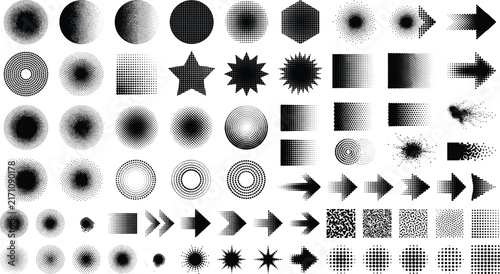 Set of black halftone shapes, dot gradient patterns, and stipple vector elements.