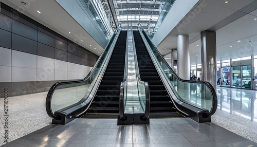 Modern Empty Escalators in Shopping Mall Interior.