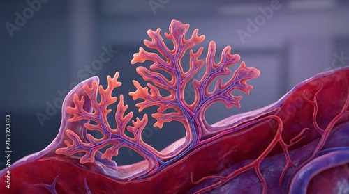 Close up 3D medical illustration of branching blood vessels and capillary network in human tissue with vascular system arteries veins cardiovascular system medical rendering scientific illustratio
