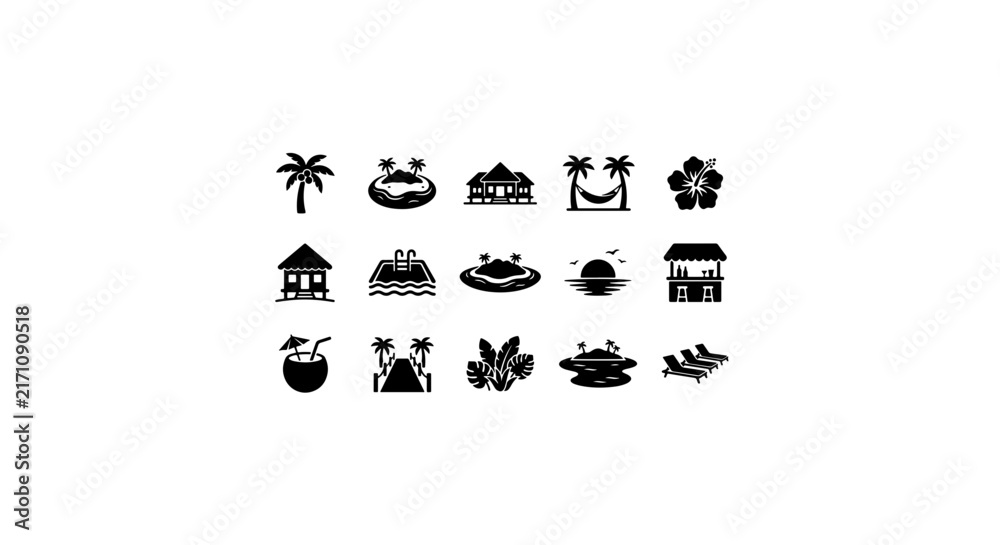 Fototapeta premium Tropical Island Icons: Beach, Palm Tree, Hammock, Coconut Drink, Vacation Set