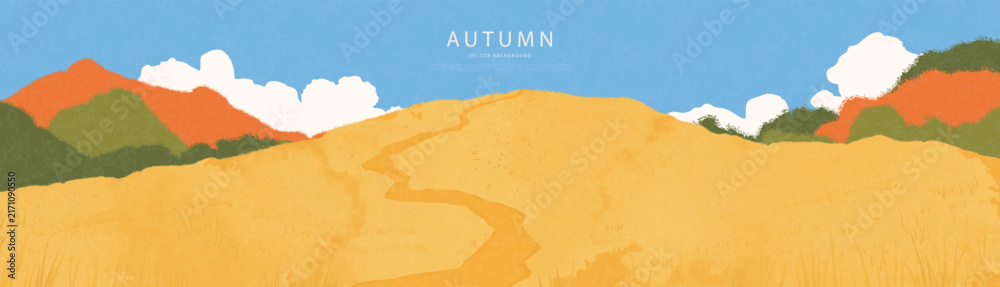 Fototapeta premium Autumn landscape banner with golden hill and winding path leading to mountains. Artistic painterly style with grainy texture for nature backdrop or seasonal design, vector illustration.