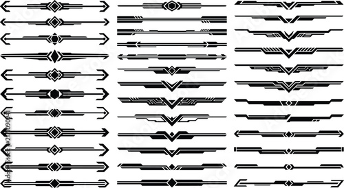 Set of futuristic black silhouette HUD text dividers and sci-fi geometric borders.