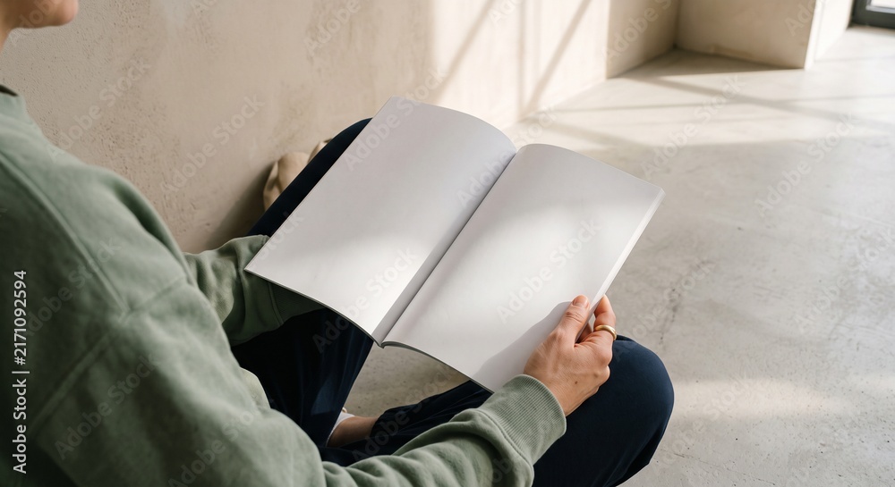 Obraz premium High-angle view of hands holding an open blank magazine spread on a concrete floor in warm natural sunlight.