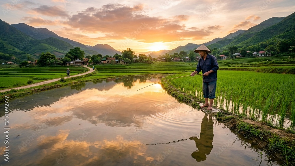 Obraz premium Traditional rural life: Man catching fish in terraced rice field irrigation canal at dusk