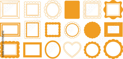 Collection of various decorative orange frames and borders on a plain white background.
