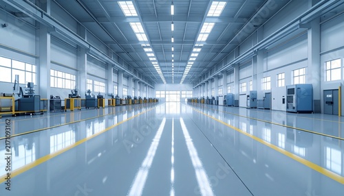 Modern Industrial Warehouse Interior with Bright Lighting.