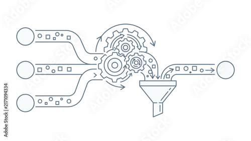 Data Processing Flow: A schematic illustration depicts a streamlined data processing workflow, showcasing input streams, intricate gear mechanisms, and a filtering funnel leading to an output.