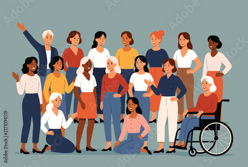 Large group of diverse women of all ages and backgrounds stands together representing female empowerment, unity, and community.