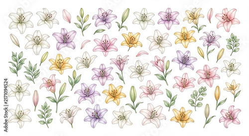 set of lily pattern isolated on white background