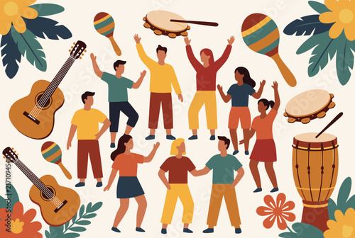Joyful group of people celebrates with music and dance while surrounded by large guitars, drums, maracas, and tambourines.