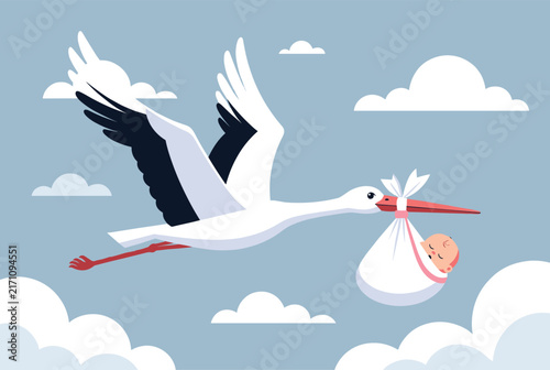 Classic illustration of a white stork flying through the blue sky with fluffy white clouds while carrying a baby in a bundle.