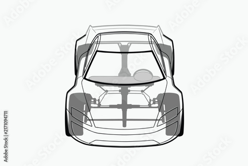 Technical wireframe drawing displays the front view of a modern sports car showing its internal mechanical components and structure.