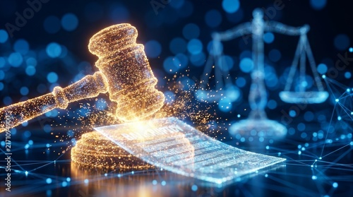 Concept of online law and digital justice featuring scales of justice and a glowing gavel.