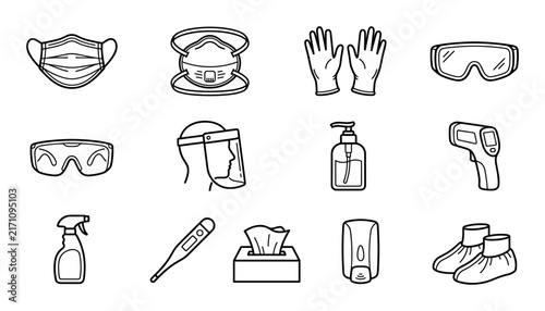 Set of medical safety protection equipment and personal protective items vector icons