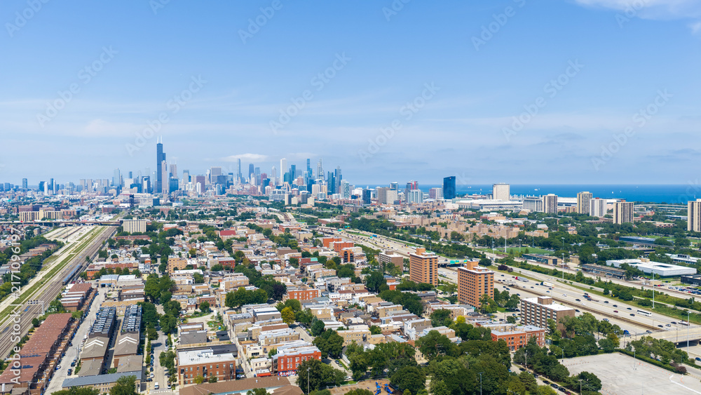 Fototapeta premium Aerial shot of Skyscrapers and office buildings in the skyline in Chicago Illinois USA