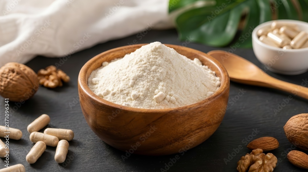 Fototapeta premium Natural wellness supplement powder in a wood bowl for skin and joint health.