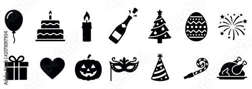 Set of black icons representing various holidays and celebrations including birthday cake christmas tree and halloween pumpkin