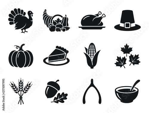 Set of black and white thanksgiving holiday icons featuring traditional food symbols and seasonal autumn harvest elements