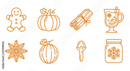 Set of cute autumn and winter holiday icons featuring gingerbread pumpkin cinnamon spice and warm seasonal drinks