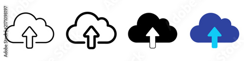 Obraz na płótnie Cloud upload icon set in four styles, minimalist data storage symbols, flat vector cloud computing graphics for web design