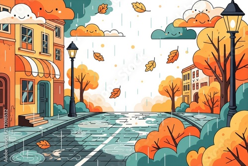 City street with wet cobblestones after rain with cozy buildings and falling autumn leaves during a light shower. For autumn-themed city greeting cards and urban seasonal backgrounds.