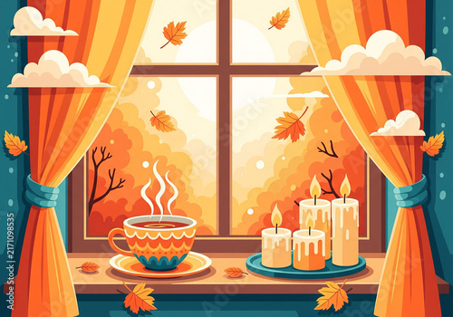 Cup of hot tea on windowsill decorated with candles with a view of autumn leaves through the window. This cozy interior scene is used for autumn lifestyle blogs and comfort-themed content.