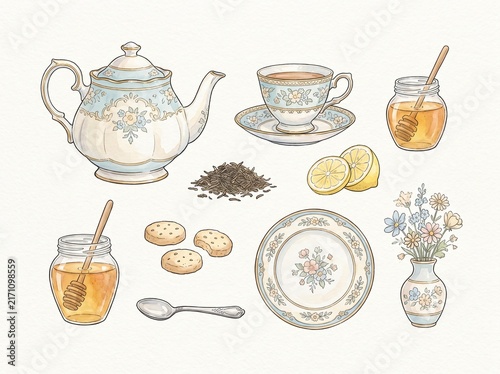 Watercolor Afternoon Tea Collection with Teapot, Teacup and Biscuits