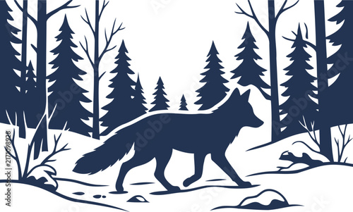 Silhouette of a wolf walking through a snowy pine forest, dark blue on a white background, winter woodland scene