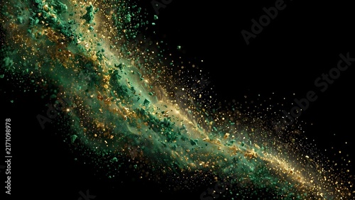 Abstract golden and green dust particles swirl on black background