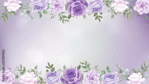 Beautiful Watercolor Floral Border with Purple and White Roses on Soft Gradient Background.