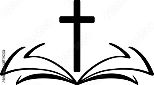 Photography Christian cross symbol above an open book graphic silhouette icon with religion