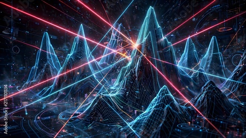 Futuristic glowing mountain landscape with intersecting light beams