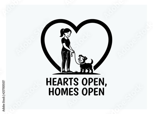 Woman and rescue dog inside open heart adoption design