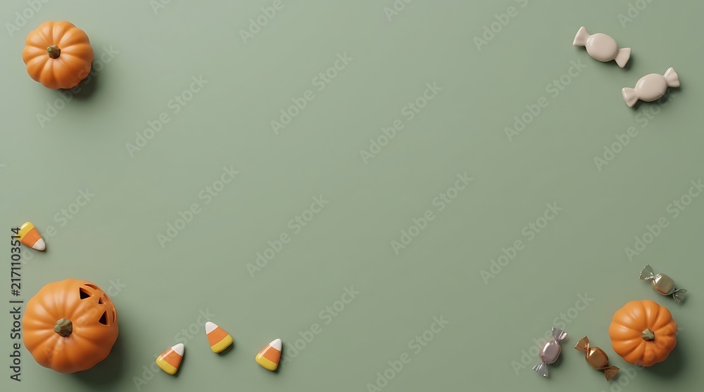 Fototapeta premium Small pumpkins and candies are scattered on a light green surface, creating a festive Halloween theme.