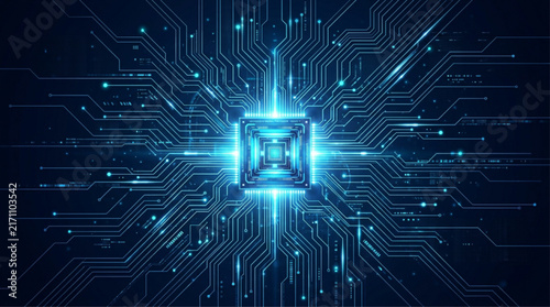 Central Microprocessor Unit with Glowing Blue Circuit Lines Radial Spread