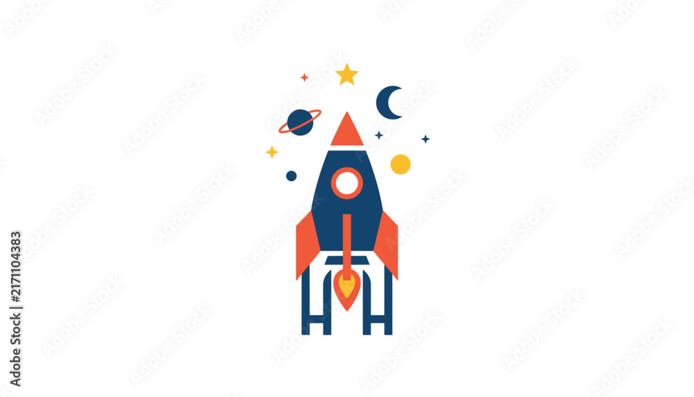 Fototapeta premium Flat design of a space rocket launching into the night sky surrounded by colorful planets, stars, and crescent moon.