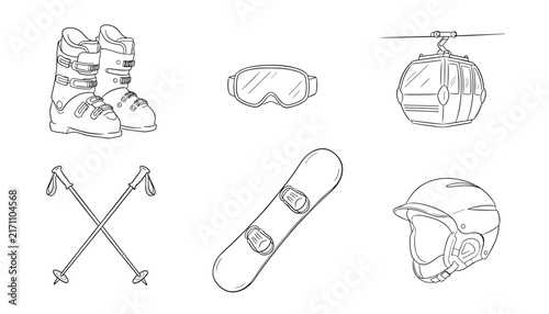 Set of winter sports ski and snowboard gear hand drawn outlines including boots, snowboard, helmet, and poles.