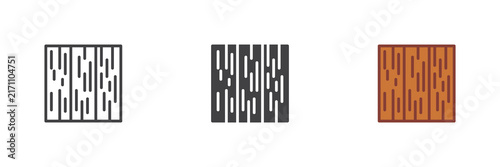 Wood floor icon set shows line, solid and flat colorful wood floor icon, color vector sign and symbol for flooring planks, interior renovation and repair.