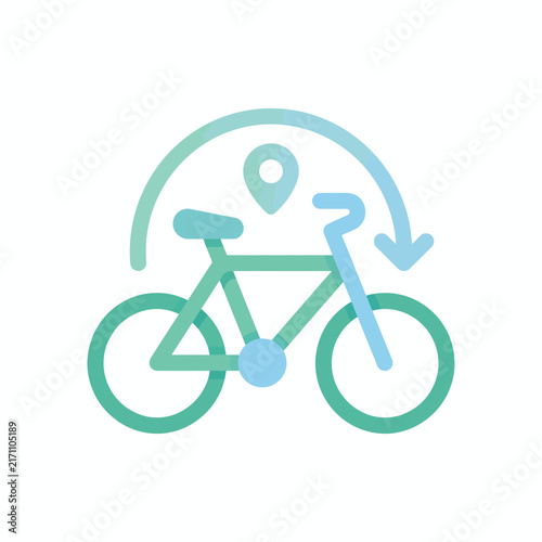 Modern bicycle rental and sharing service icon featuring location pin and circular arrow for eco-friendly urban transport navigation